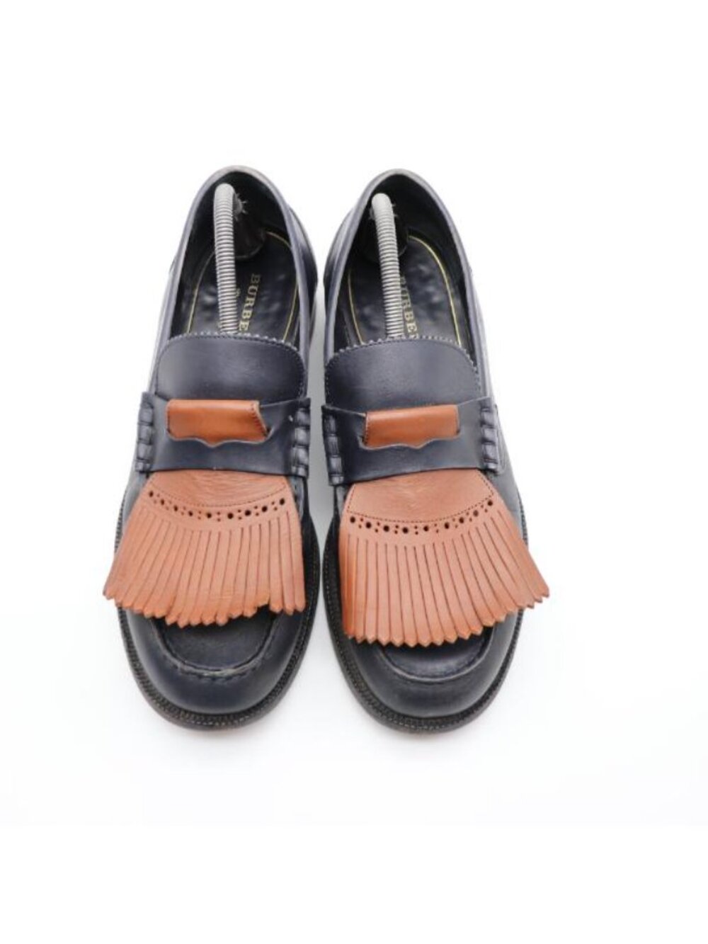 Burberry Kiltie Bedmoore Fringe Men’s EU 44 Leather Loafers Navy/ Brown Italy - Picture 2 of 14